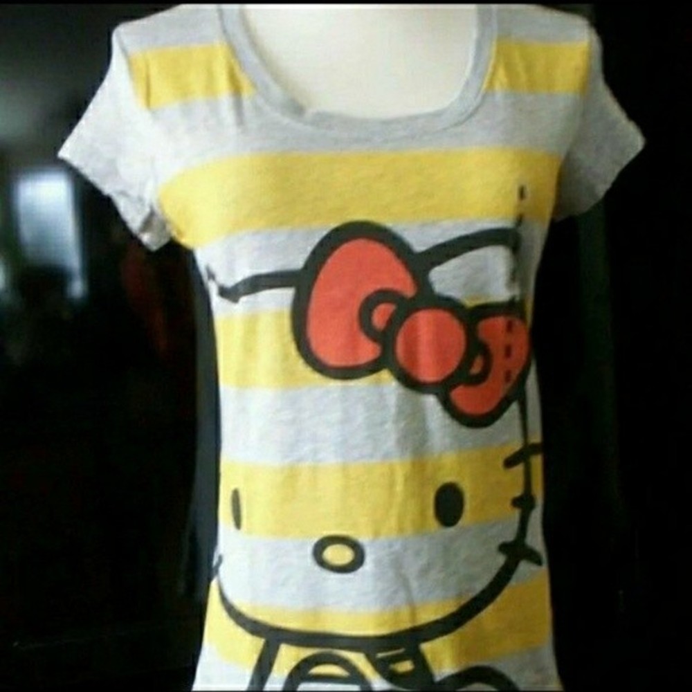 HELLO KITTY SANRIO T SHIRT TOP CAP SLEEVES YELLOW STRIPED SZ M MEDIUM